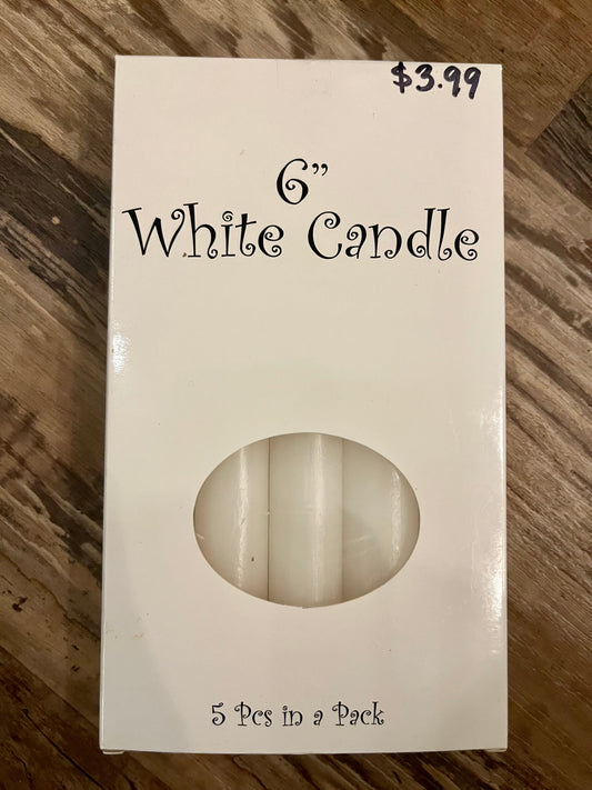6 INCH 5 pack white candles/  Paquete de 5 velas blancas de 6 pulgadas.